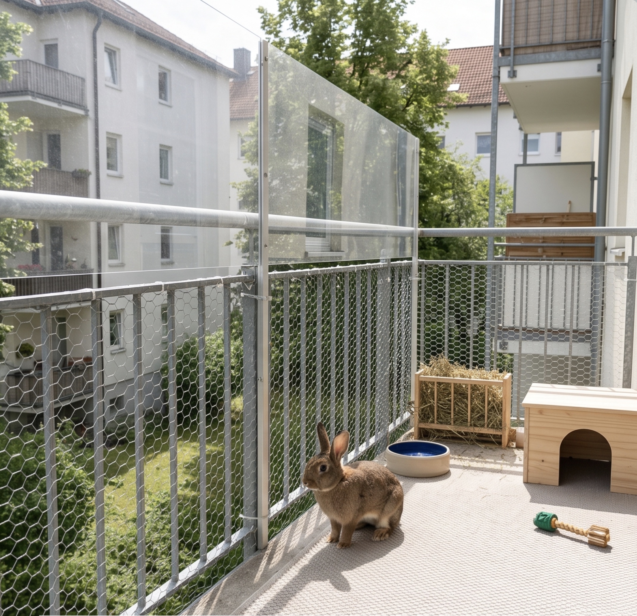 Mit Volierendraht und Plexiglas gesicherter Balkon für Kaninchen