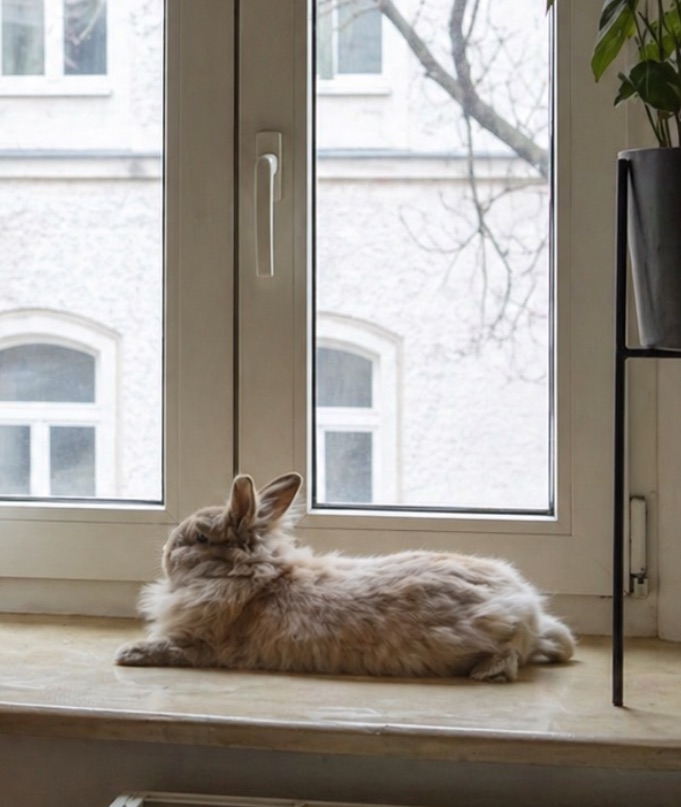 Kaninchen auf dem Fensterbrett, daneben erhöht stehende Zimmerpflanze