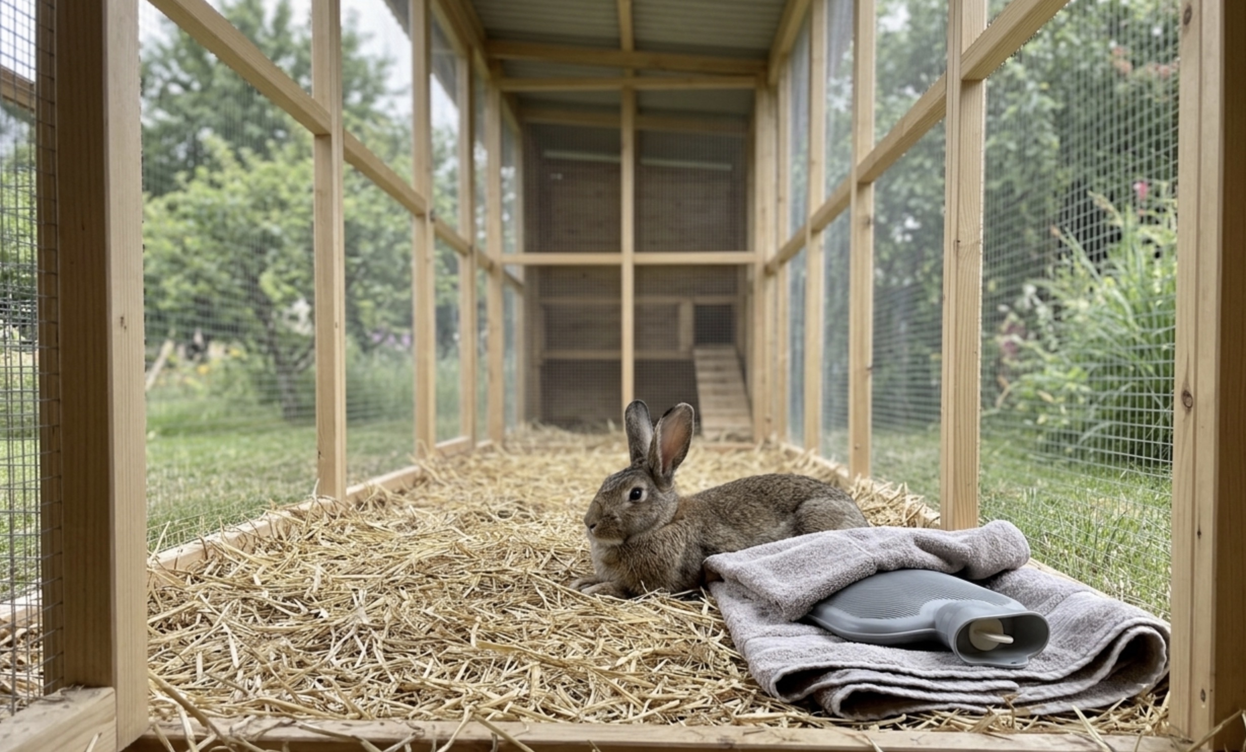 Ein agouti Stehohren-Kaninchen liegt in einem dicken Strohnest in einer Außenvoliere, daneben eine in ein Handtuch eingewickelte Wärmflasche
