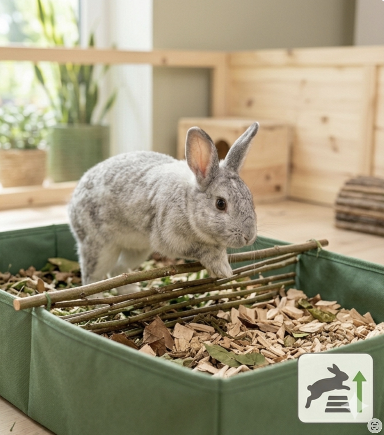 Schlankes Kaninchen springt in einer Buddelkiste über ein niedriges Zweig-Hindernis