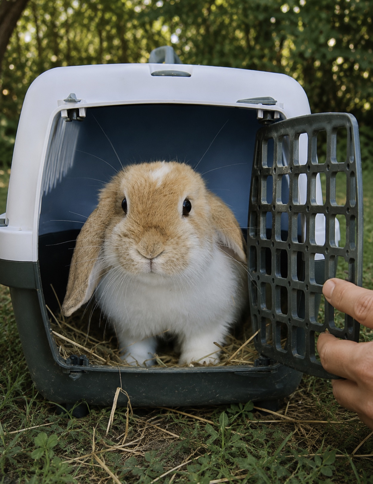Kaninchen in einer offenen Transportbox mit weichem Tuch unter dem Tier