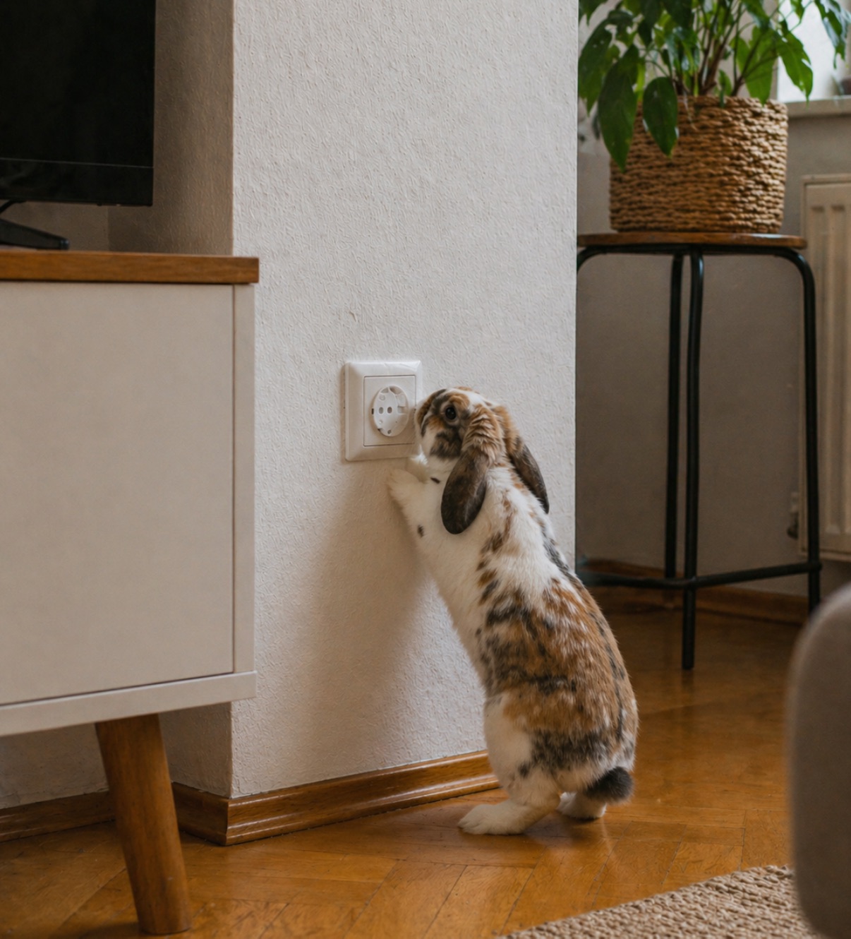 Kaninchen erkundet gesicherte Steckdose mit Kindersicherung