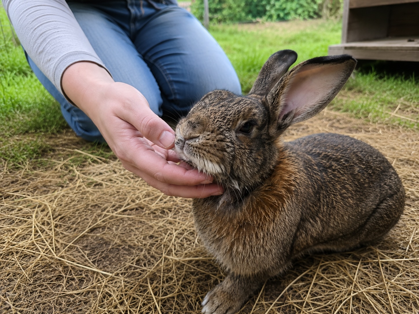 Eine Halter-Hand hebt vorsichtig das Kinn eines agouti Stehohren-Kaninchens an, das Fell darunter ist leicht feucht und verklebt